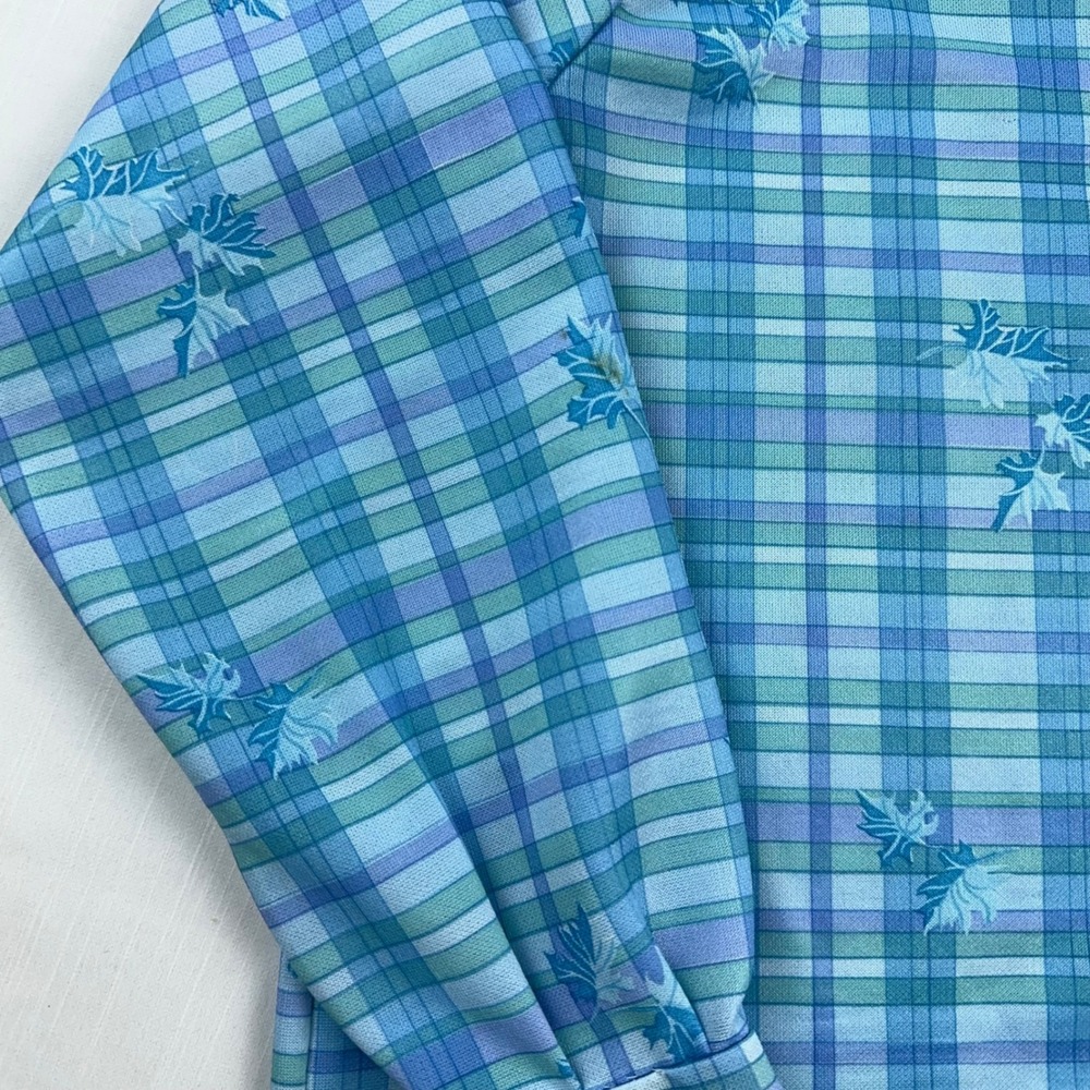 Vintage 70s Blue Green Plaid Leaf Print Snap Button Long Sleeve Shirt - Picture 5 of 7